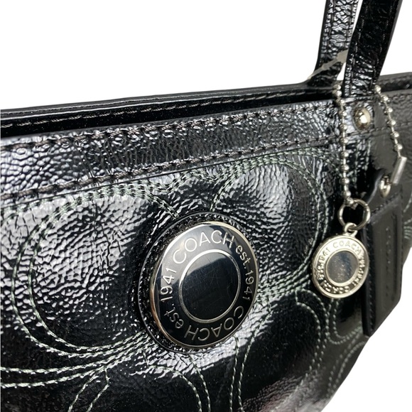 Coach Signature Stitch Patent Leather Tote Shoulder Bag Black White - Picture 6 of 14